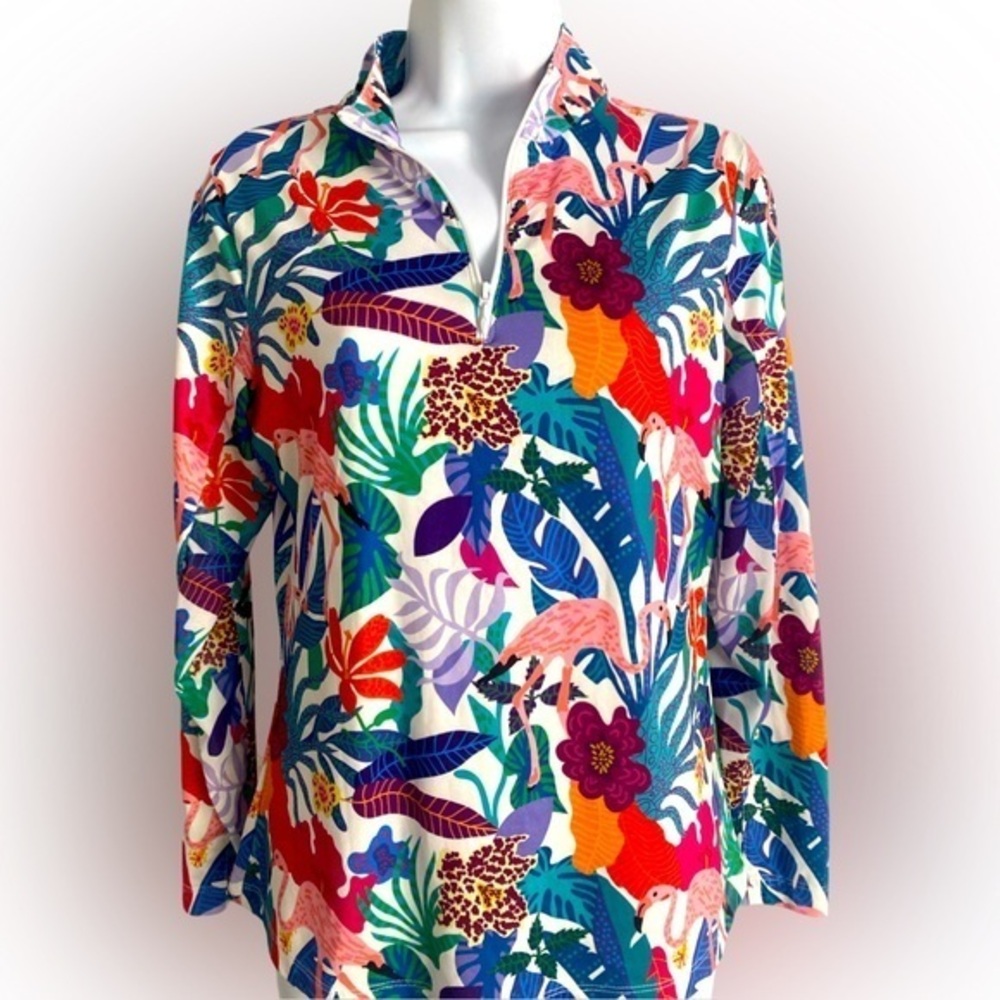 Gottex UPF 50 Flamingo Quarter Zip Top - S blue pink green. Nylon spandex